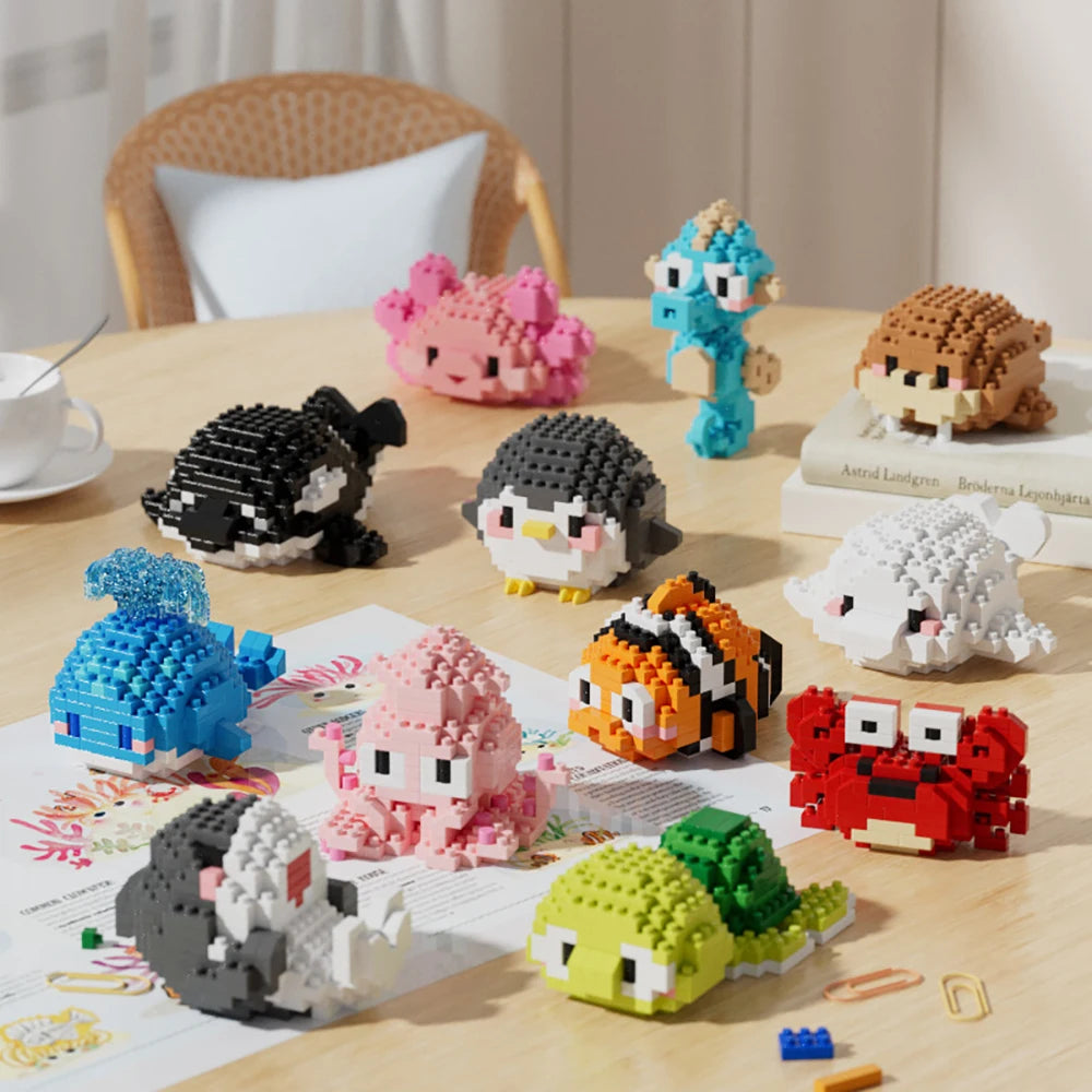 Pack de colección de los 12 Animales Marinos 3D de Micro Bloques. Constrúyelos Pieza a Pieza